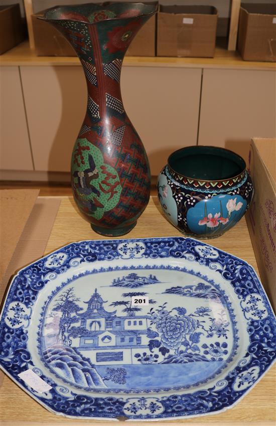 A large Chinese export meat platter, a Japanese cloisonne vase and a bowl
